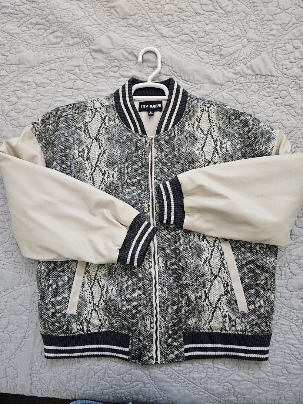 Steve Madden Snake-Print Bomber Jacket in Cream & Black